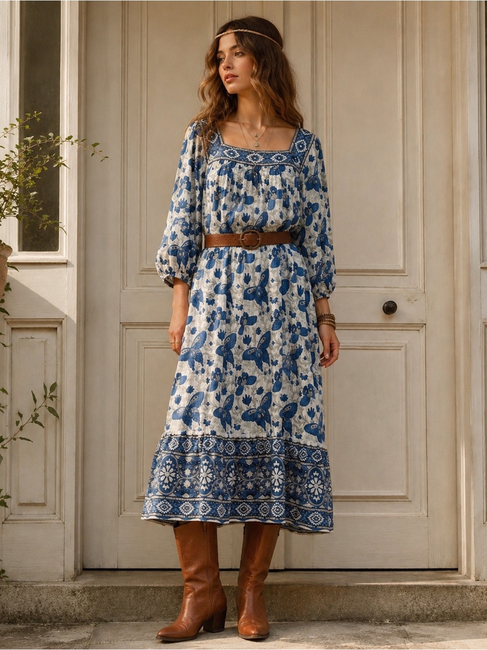 Rare Vintage Ramona Rull butterfly print, mirror embroidered, BoHo dress 1970s